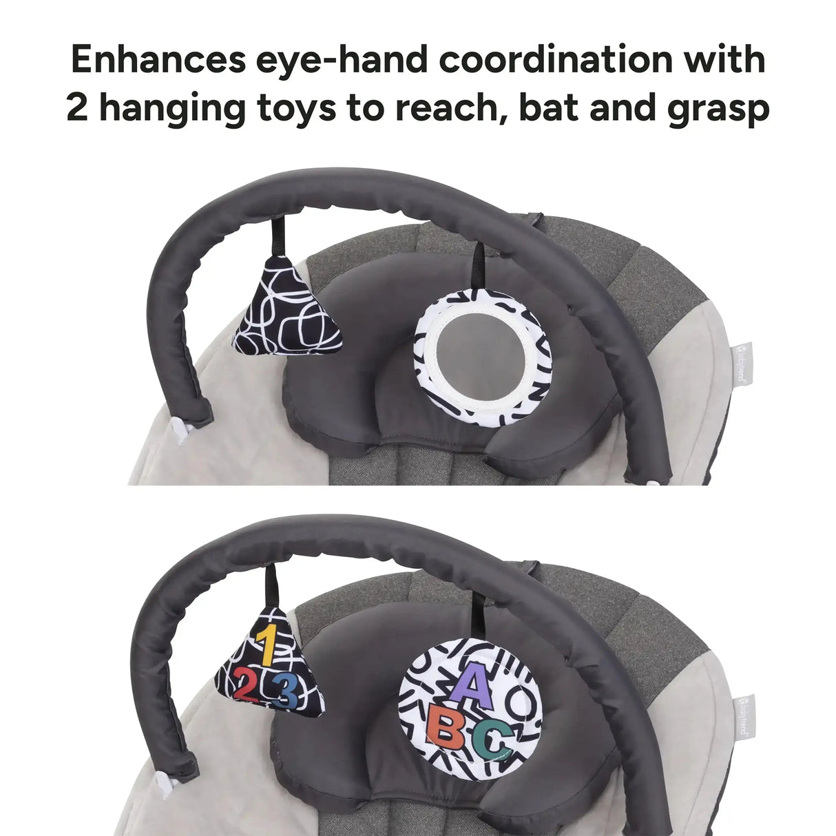 Baby Trend Trend EZ Bouncer enhances eye hand coordination with 2 hanging toys