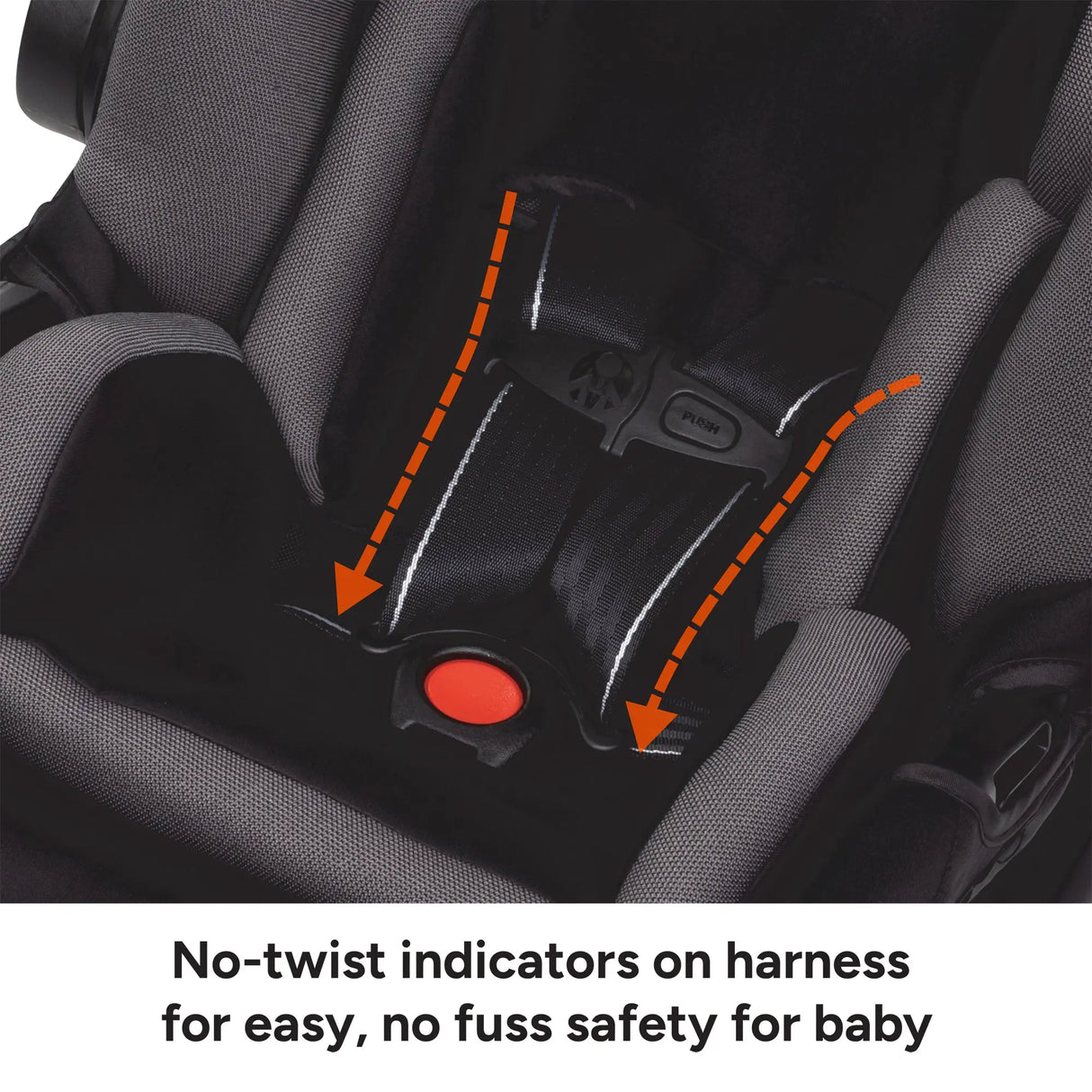 Close-up of a car seat harness with no-twist indicators from the Baby Trend Secure-Lift Infant Car Seat