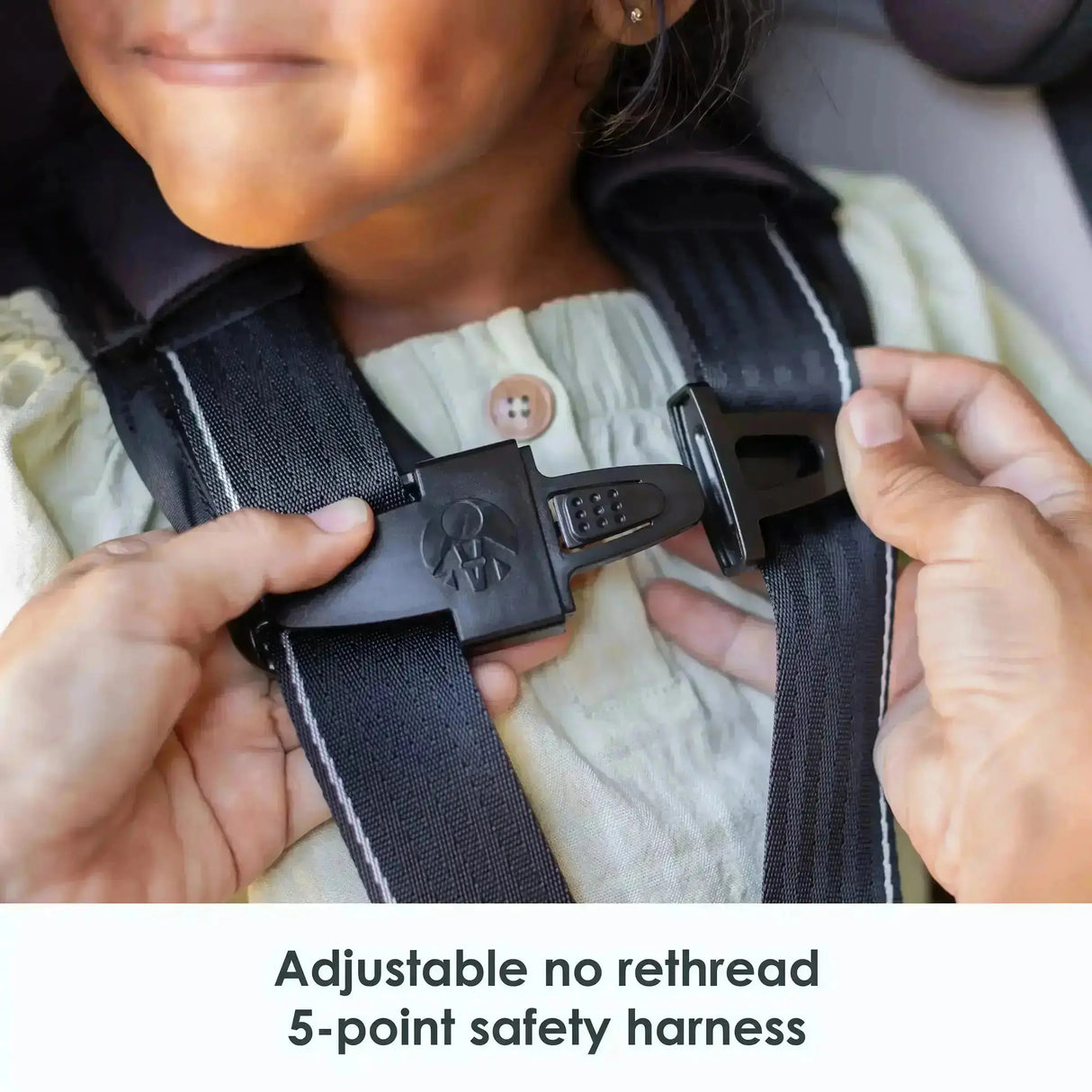 Adjustable no rethread 5 point safety harness on the Baby Trend Cover Me 4-in-1 Convertible Car Seat