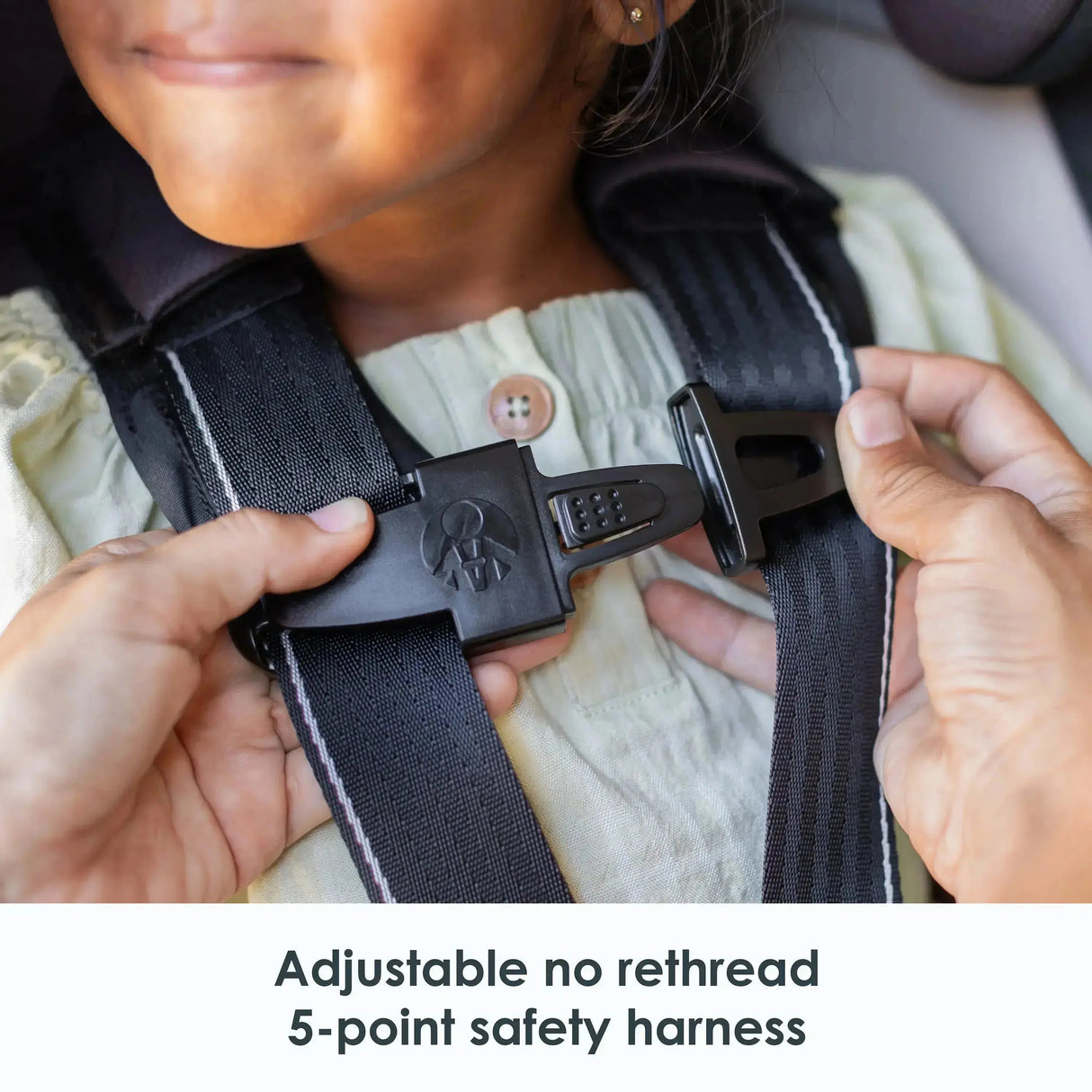 Adjustable no rethread 5 point safety harness on the Baby Trend Cover Me 4-in-1 Convertible Car Seat