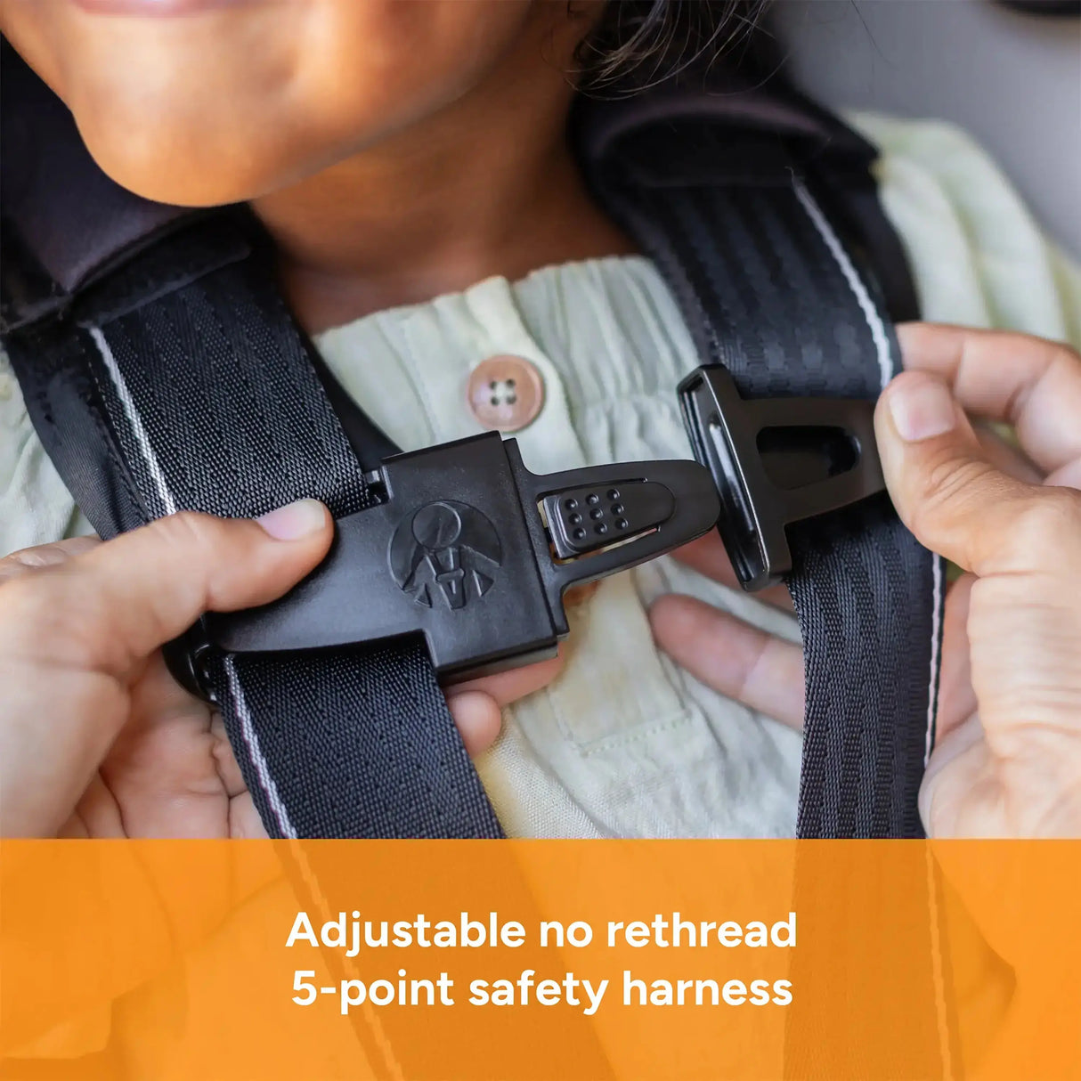 Adjustable no rethread 5 point safety harness on the Baby Trend Cover Me 4-in-1 Convertible Car Seat