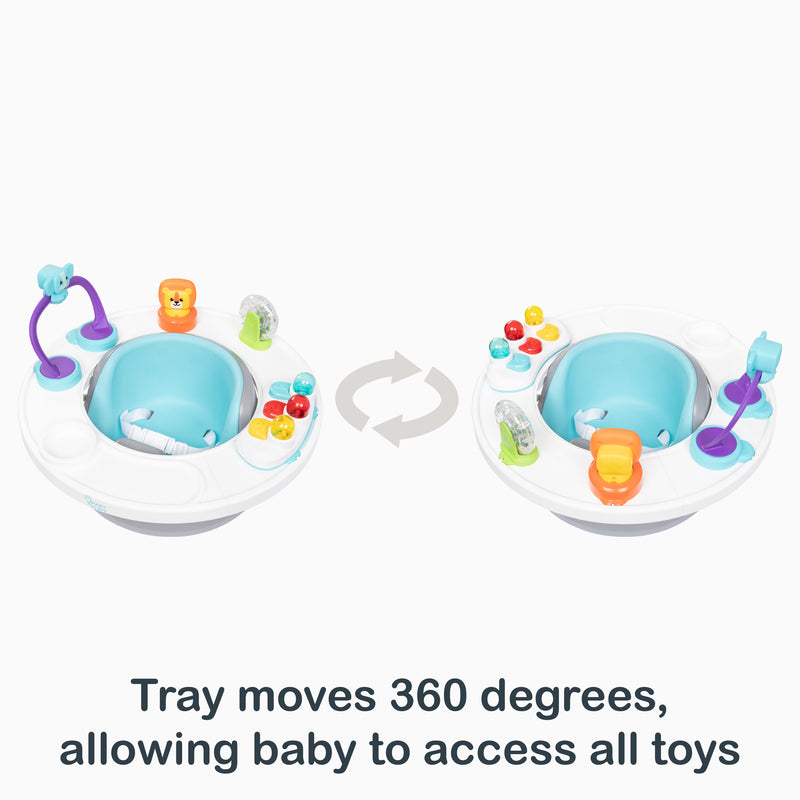 Tray moves 360 degrees on the Smart Steps by Baby Trend Explore N’ Play 5-in-1 Activity to Booster Seat