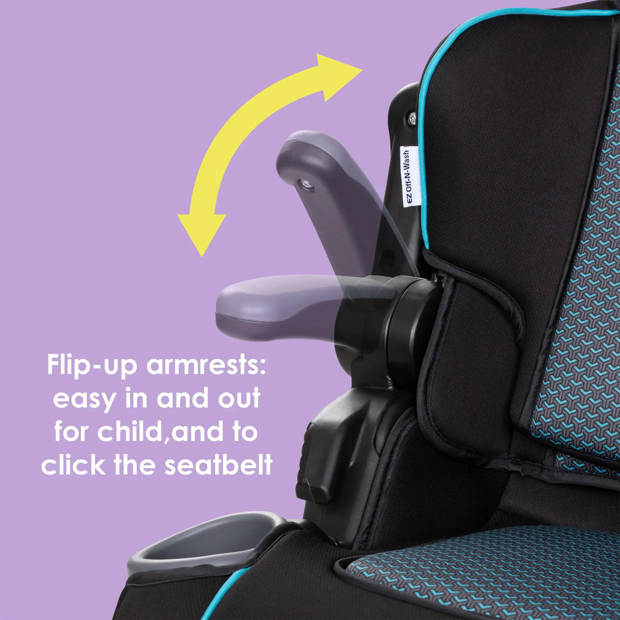 Baby Trend PROtect 2-in-1 Folding Booster Car Seat flip-up armrests: easy in and out for child, and to click the seatbelt
