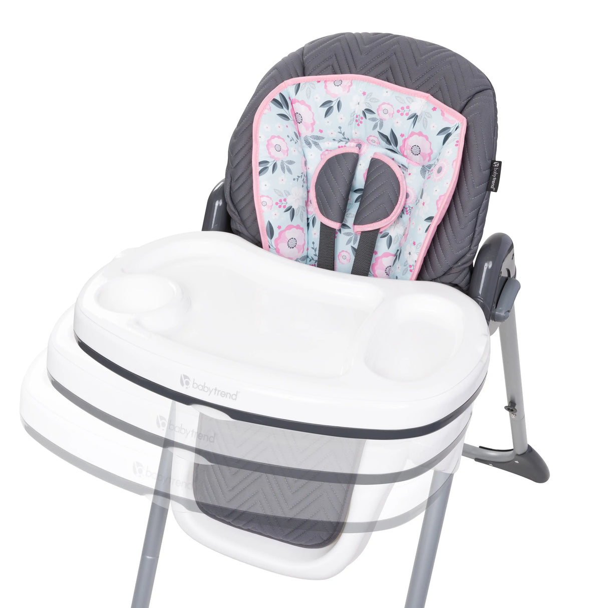 Top view of the Baby Trend Tot Spot 3-in-1 High Chair with the tray in three positions