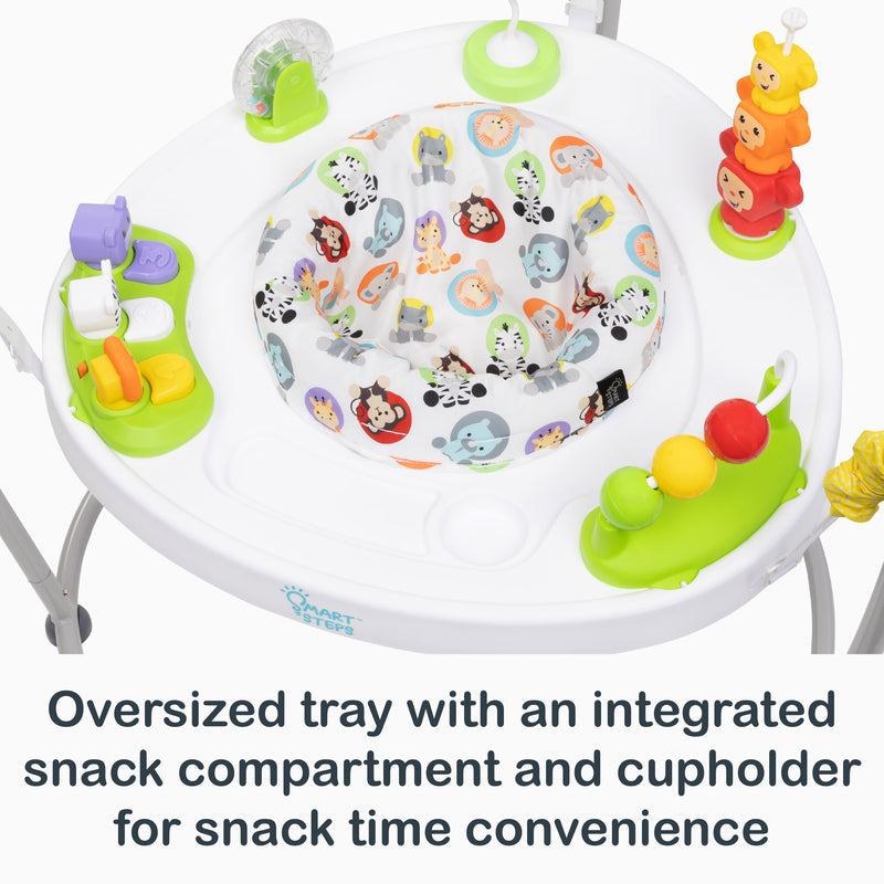 Oversized tray with an integrated snack compartment and cupholder for snack time convenience from the Smart Steps My First Jumper