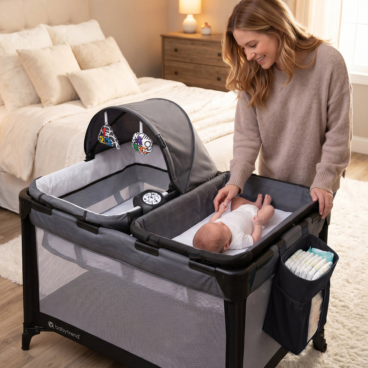 A mom is watching her child laying on the changing table of the Baby Trend Willow Nursery Center Playard