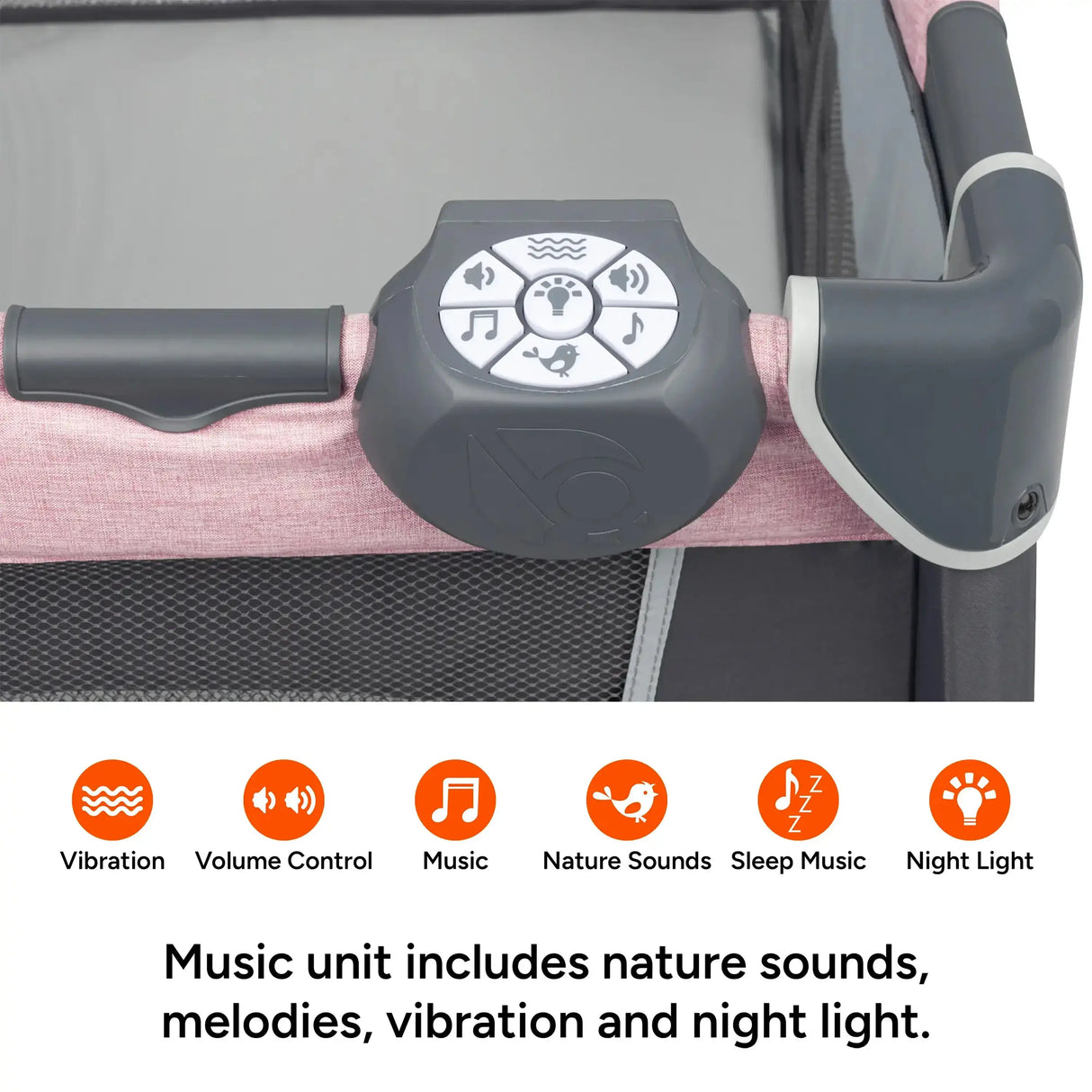 Baby Trend Simply Smart Nursery Center Playard music unit includes sounds and vibration