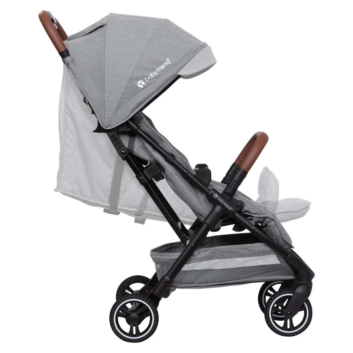 Side view of the Baby Trend Zenda Compact All-Terrain Stroller child's seat reclined and foot rest adjusted