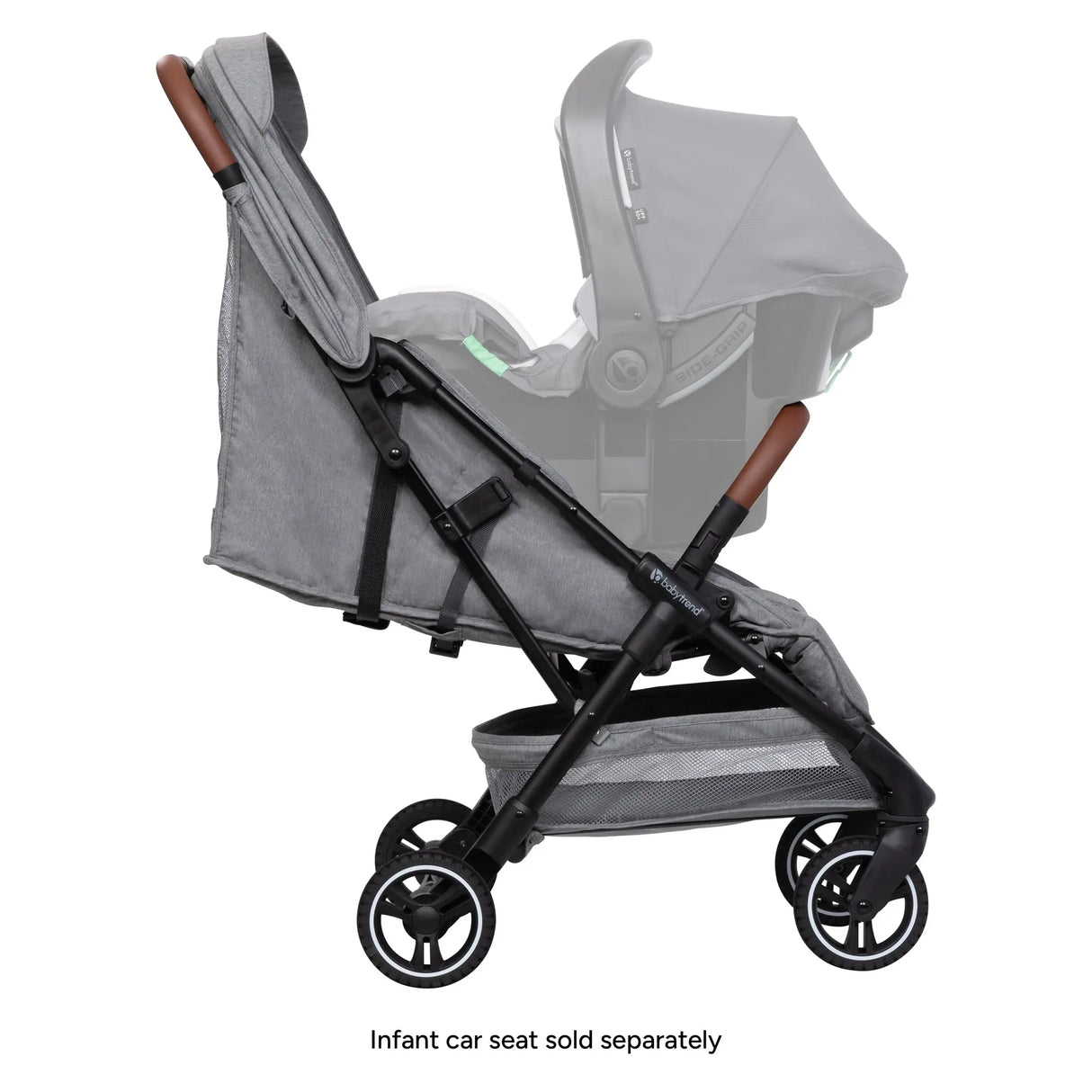 Side view of the Baby Trend Zenda Compact All-Terrain Stroller with a car seat attached