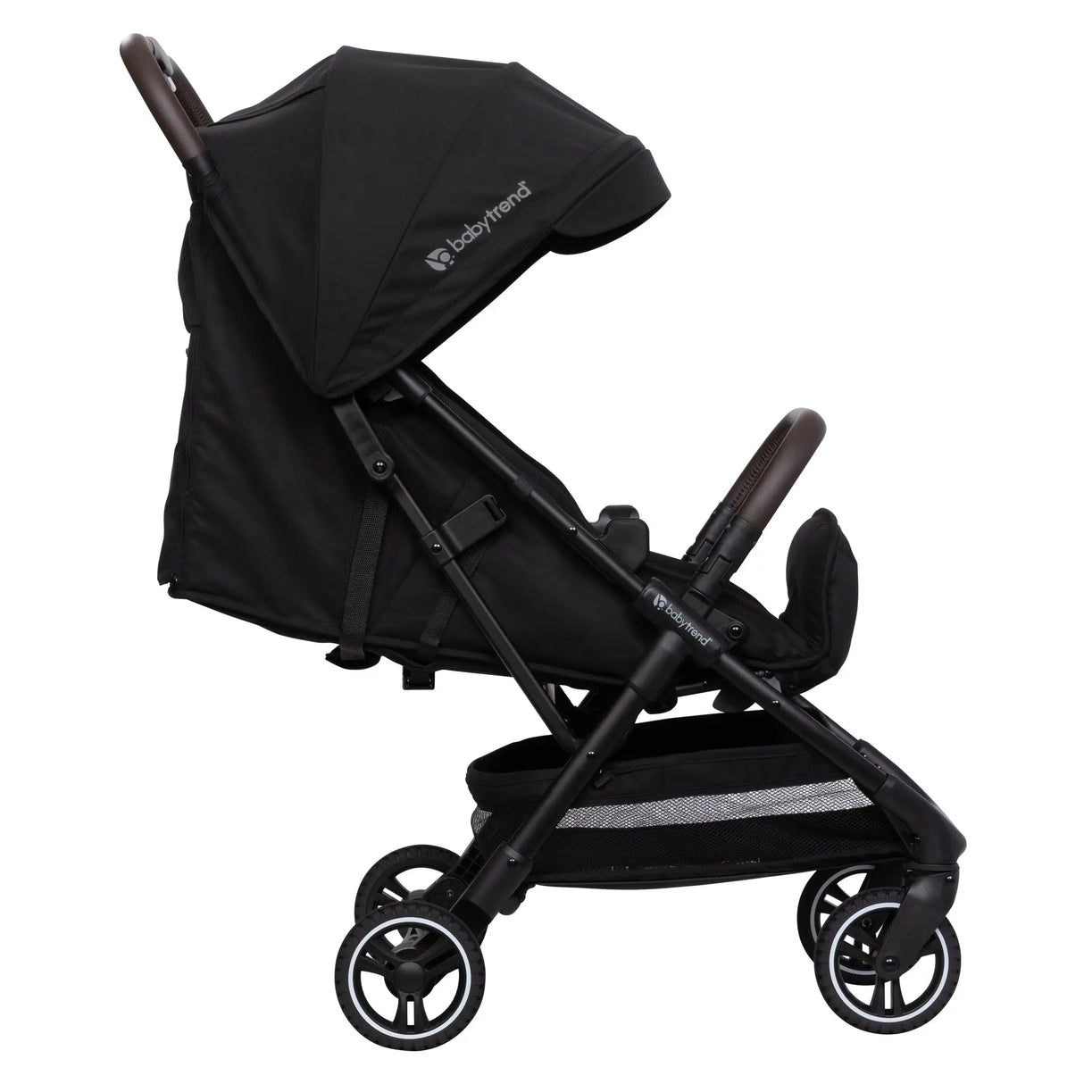 Side view of the Baby Trend Zenda Compact All-Terrain Stroller child's seat reclined and foot rest adjusted