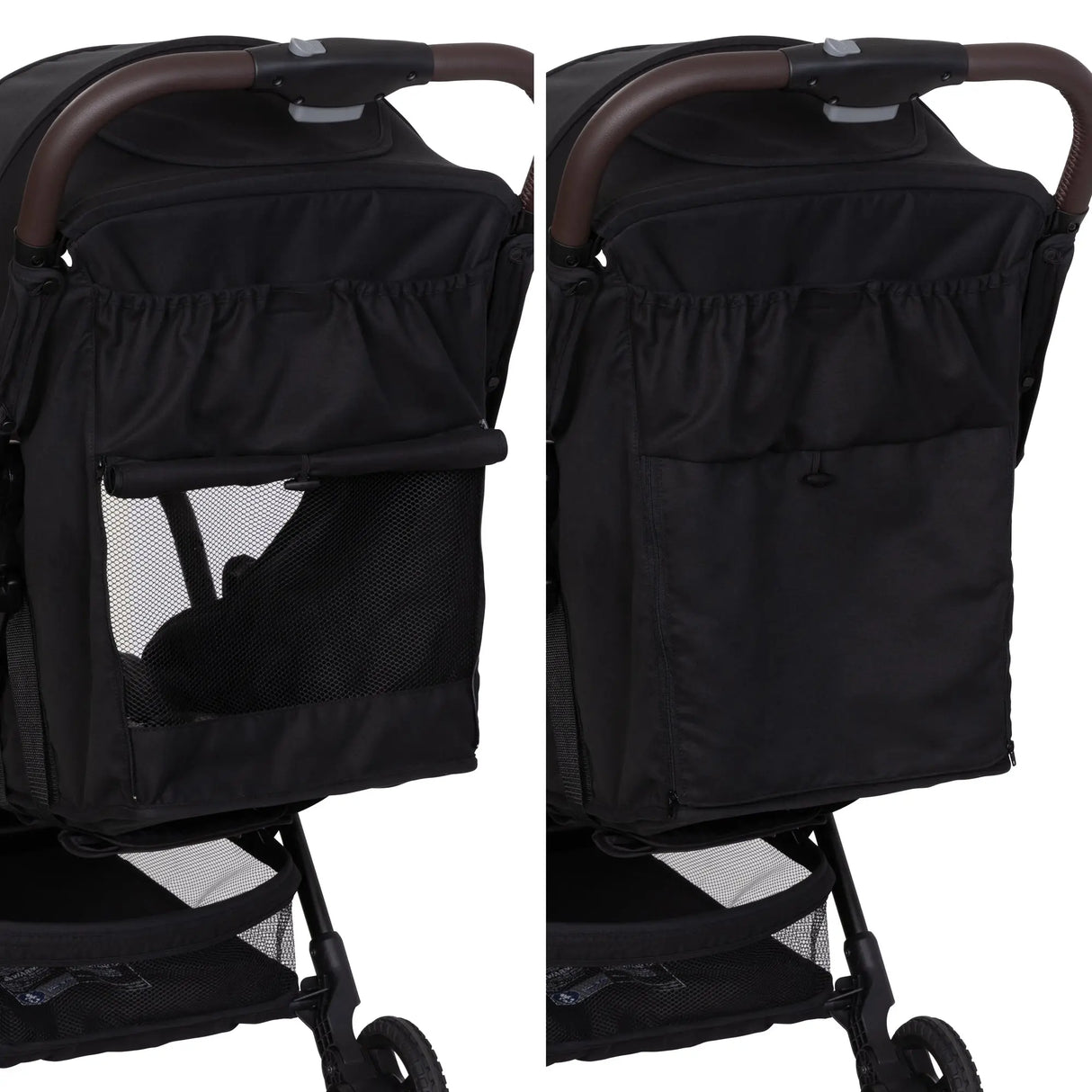 Showing the side by side of the seat back from the Baby Trend Zenda Compact All-Terrain Stroller going from a mesh back to solid