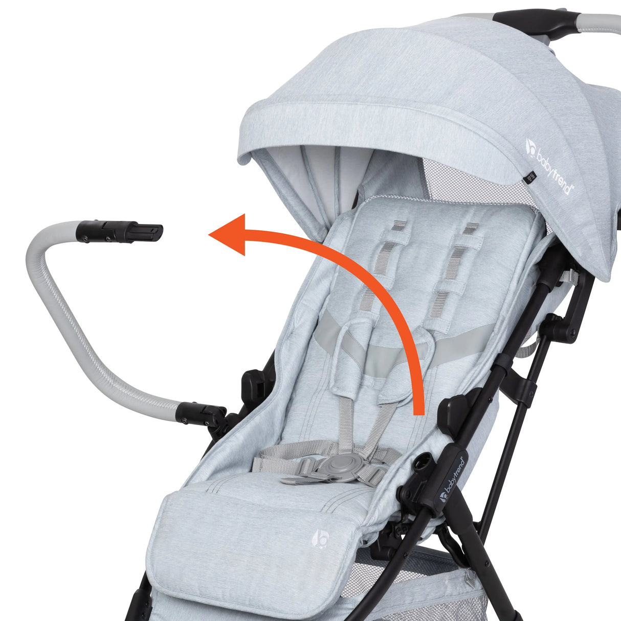 Front view of the Baby Trend Zenda Compact All-Terrain Stroller child's seat and the bumper bar rotating away