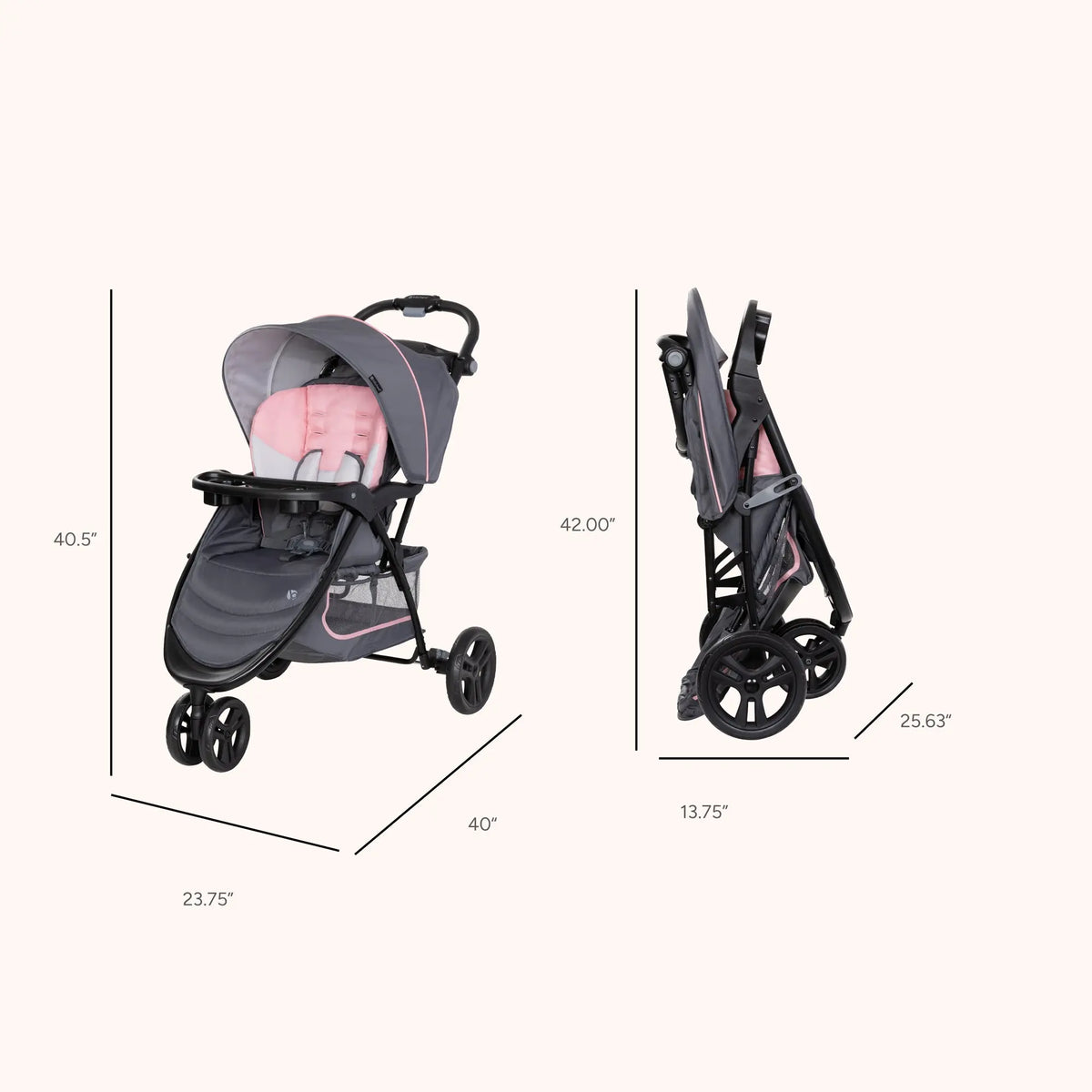 The dimensions of the Baby Trend EZ Ride Stroller folded and unfolded