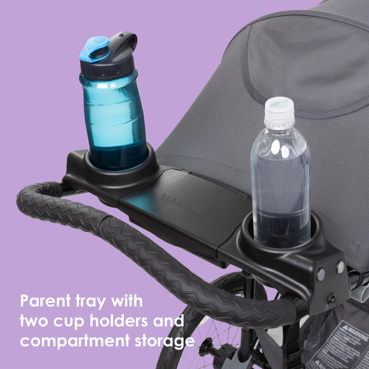 Baby Trend Expedition Zero Flat Jogging Stroller parent tray with two holders and compartment storage