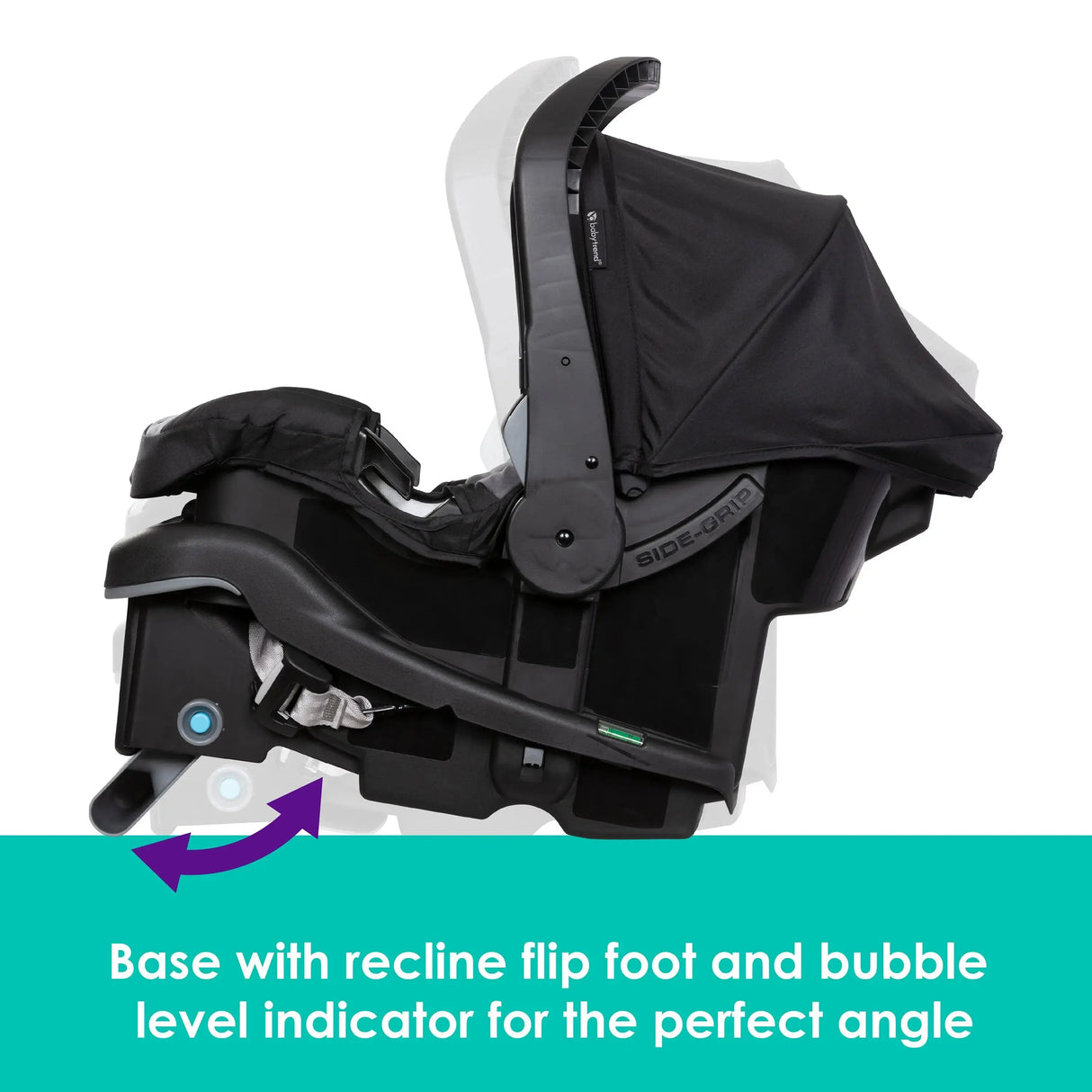 Base with recline flip foot and bubble level indicator for the perfect angle of the Baby Trend EZ-Lift PLUS infant car seat