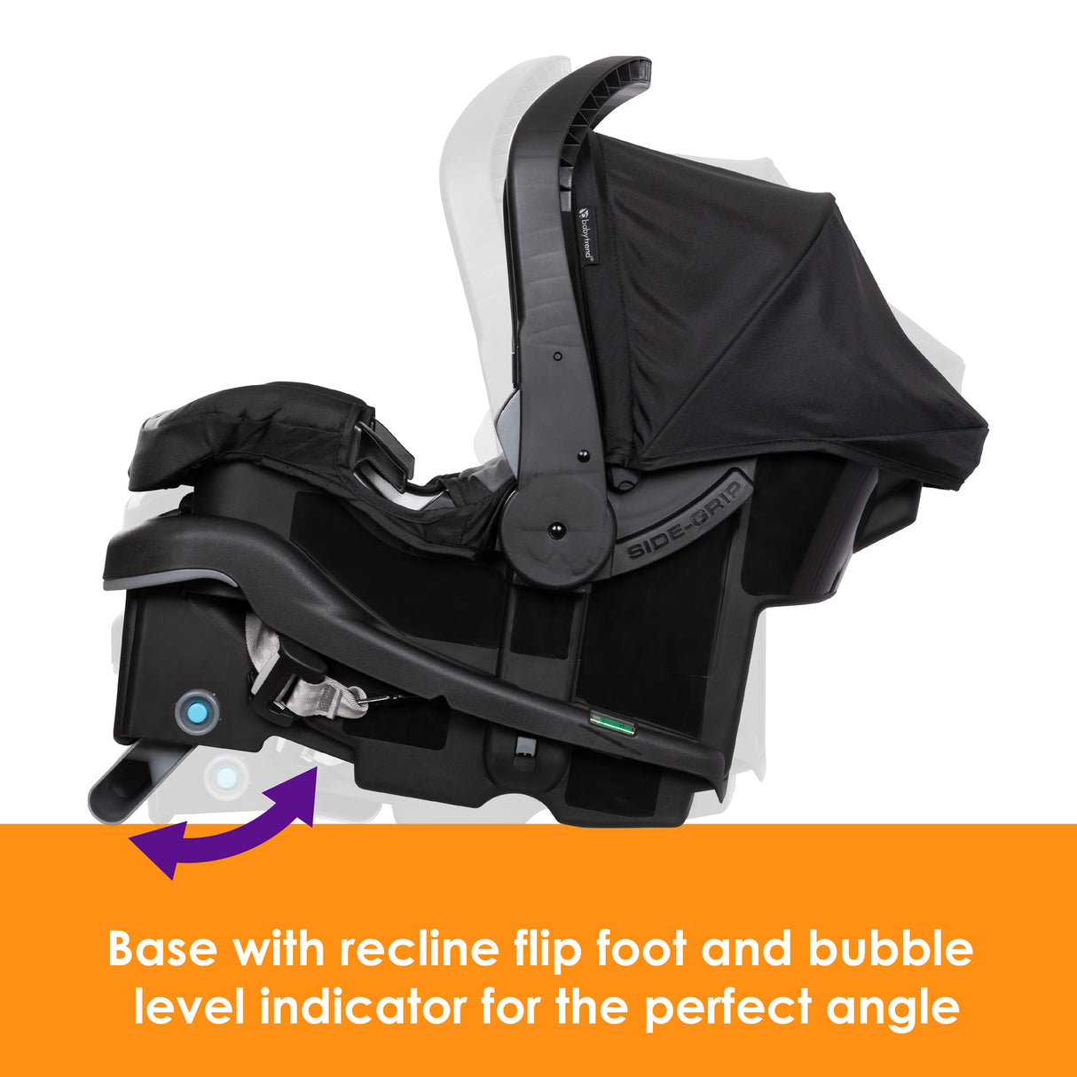 Base with recline flip foot and bubble level indicator for the perfect angle of the Baby Trend EZ-Lift PLUS infant car seat