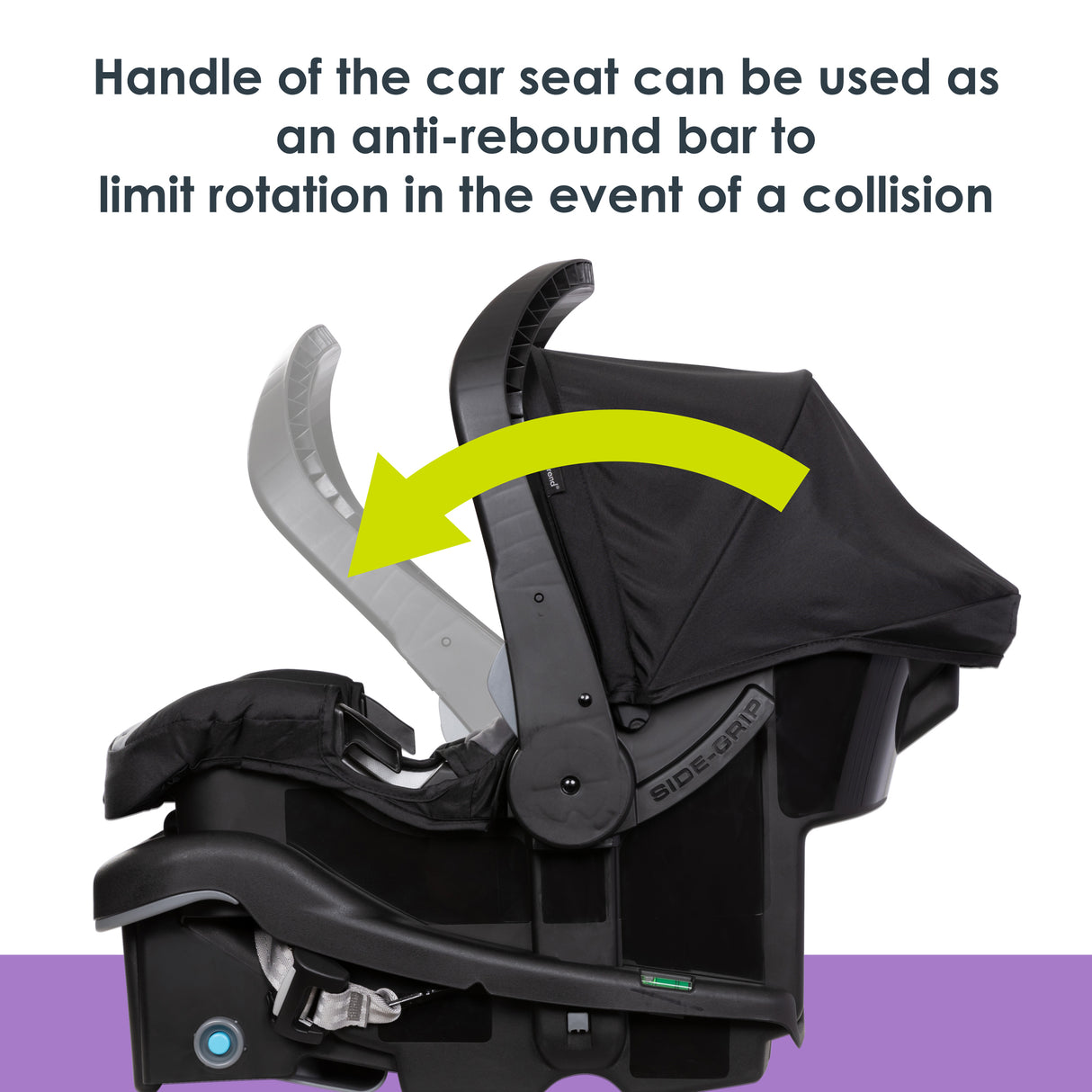 Handle of the car seat can be used as an anti-rebound bar to limit rotation in the event of a collision of the Baby Trend EZ-Lift PLUS infant car seat