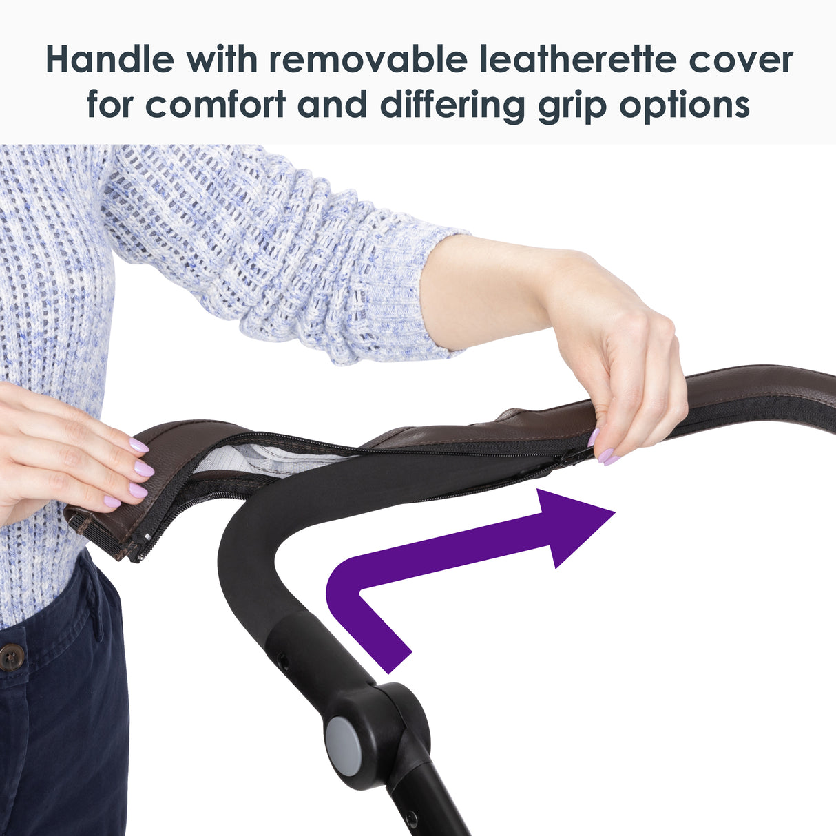 Handle with removable leatherette cover for comfort and differing grip options from the Baby Trend Morph Single to Double Modular Stroller