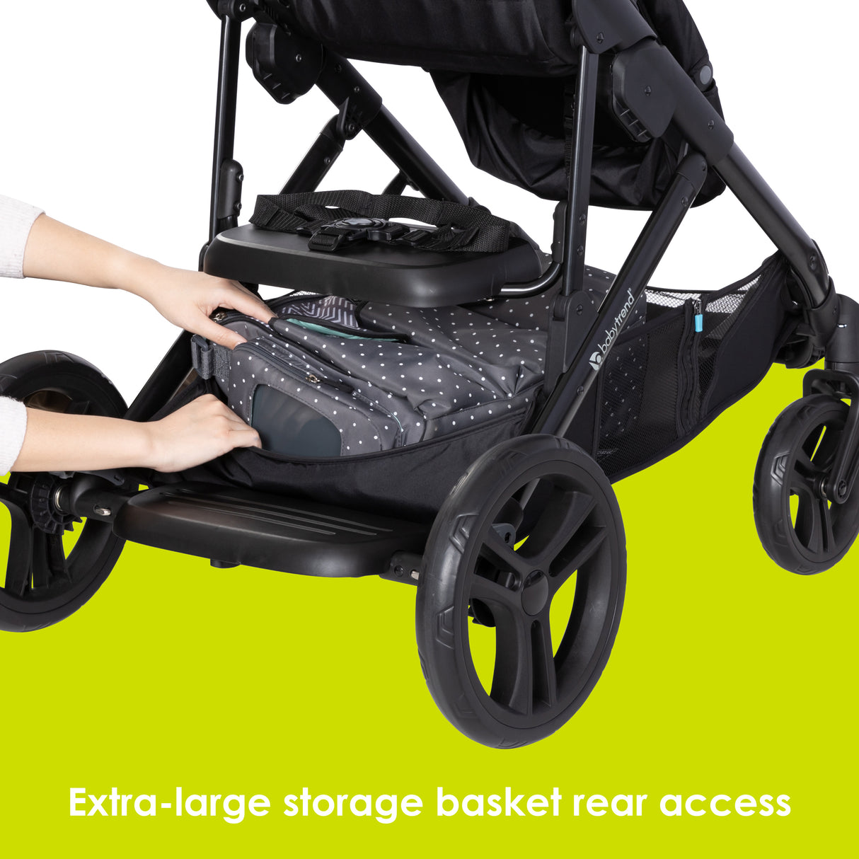 Extra-large storage basket rear access from the Baby Trend Morph Single to Double Modular Stroller