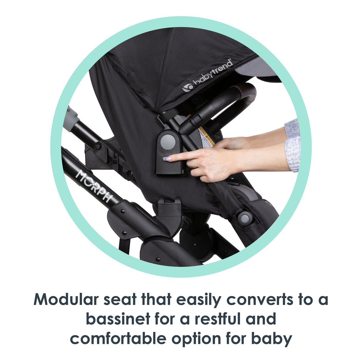 Modular seat that easily converts to a bassinet for a restful and comfortable option for baby from the Baby Trend Morph Single to Double Modular Stroller