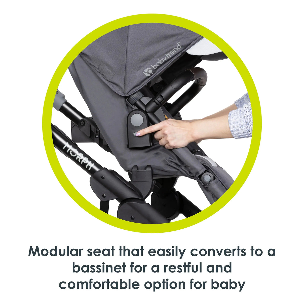 Modular seat that easily converts to a bassinet for a restful and comfortable option for baby from the Baby Trend Morph Single to Double Modular Stroller