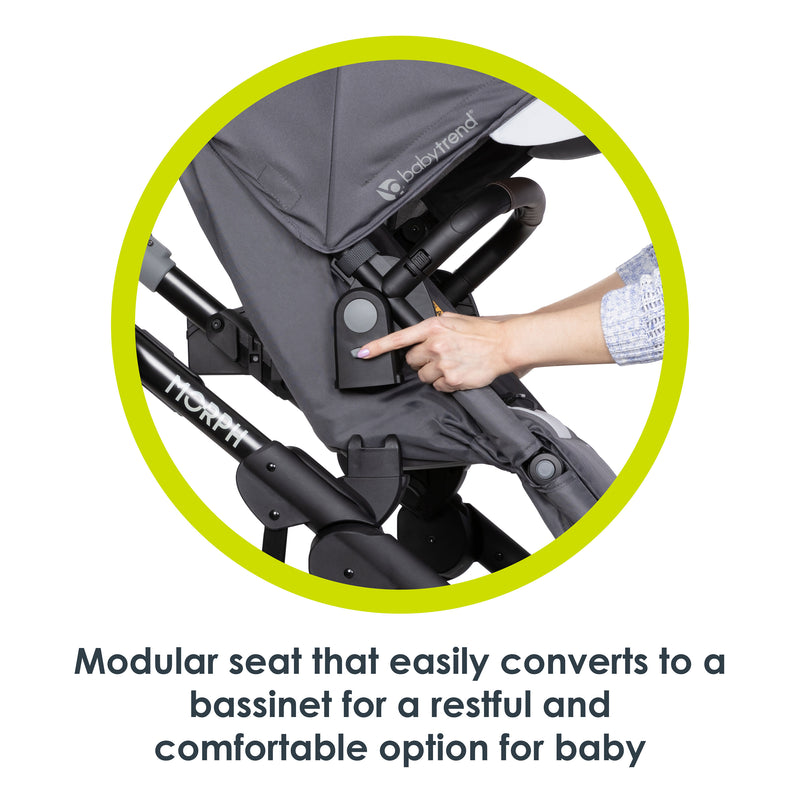 Modular seat that easily converts to a bassinet for a restful and comfortable option for baby from the Baby Trend Morph Single to Double Modular Stroller