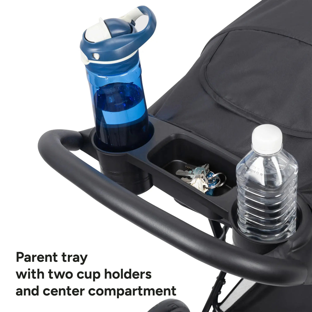 Baby Trend Venture 3-Wheel Stroller parent tray with two cup holders and center compartment
