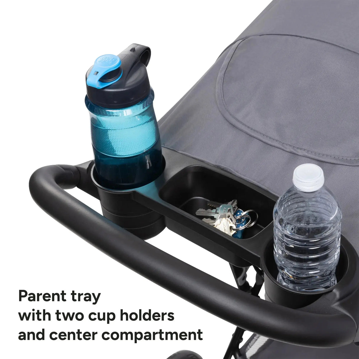 Baby Trend Venture 3-Wheel Stroller parent tray with two cup holders and center compartment