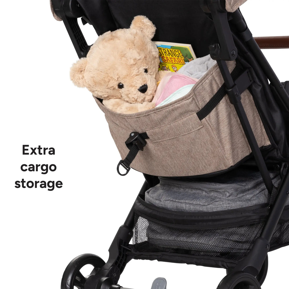 Baby Trend York Compact Stroller extra cargo storage with a teddy bear inside