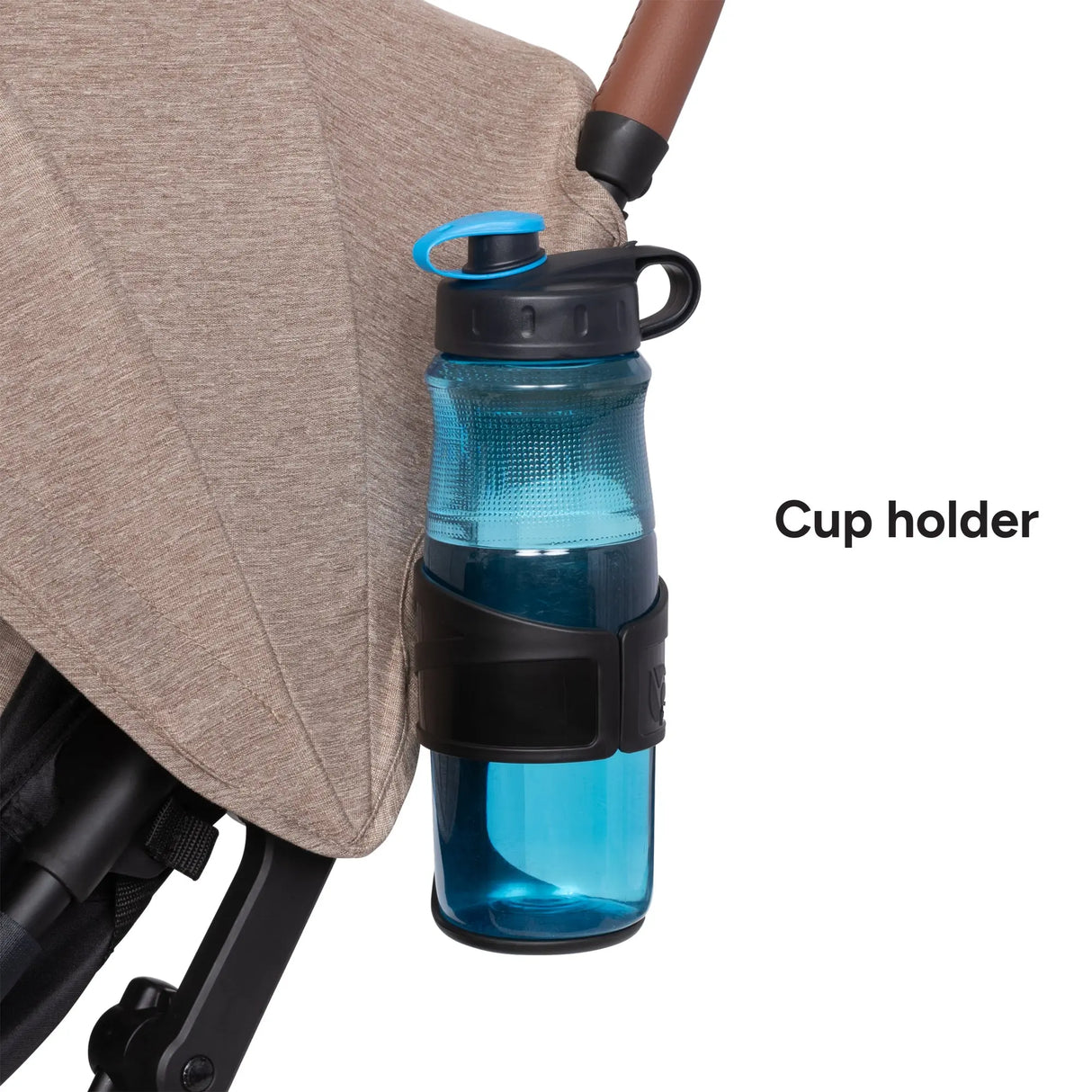 Baby Trend York Compact Stroller cup holder with a blue water bottle inside