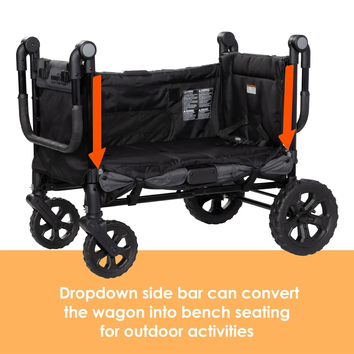 Baby Trend Quest 3-in-1 Stroller Wagon has dropdown side bar, can convert the wagon into bench seating
