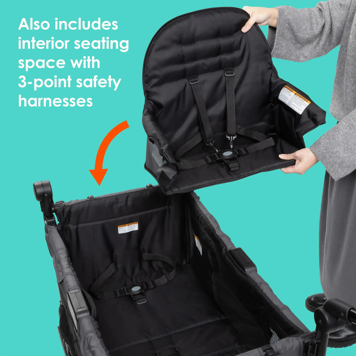 Baby Trend Quest 3-in-1 Stroller Wagon also includes interior seating space with 3-point safety harnesses