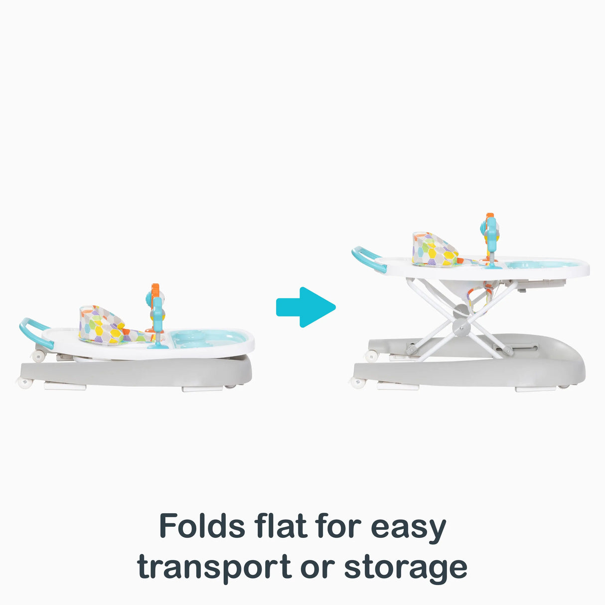 Folds flat for easy transport or storage of the Smart Steps by Baby Trend Dine N’ Play 3-in-1 Feeding Walker