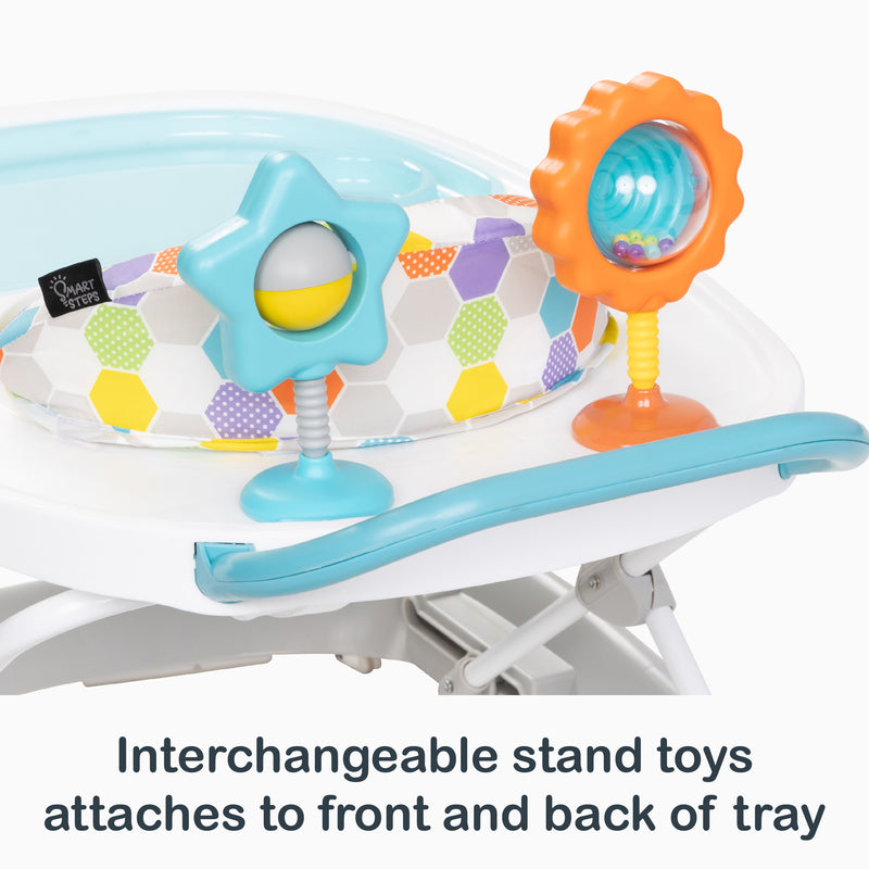 Interchangeable stand toys attaches to the rear of the Smart Steps by Baby Trend Dine N’ Play 3-in-1 Feeding Walker