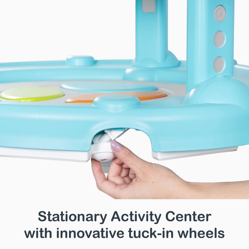 Stationary activity center with innovative tuck-in wheels from the Smart Steps by Baby Trend Bounce N’ Dance 4-in-1 Activity Center Walker