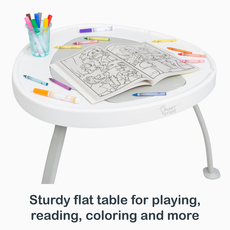 Sturdy flat table for playing, reading, coloring and more with the Smart Steps 3-in-1 Bounce N’ Play Activity Center PLUS