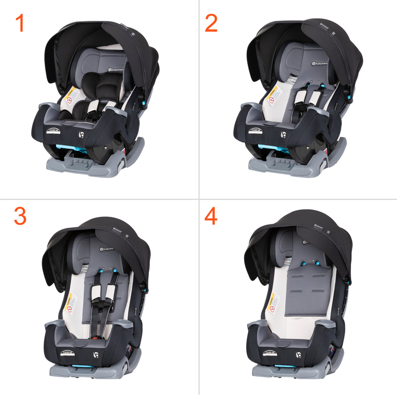 Different sitting positions for different child ages of the Baby Trend Cover Me 4-in-1 Convertible Car Seat