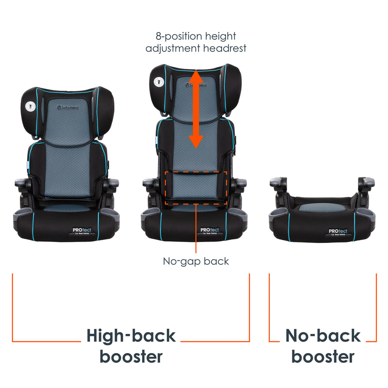 Baby Trend PROtect 2-in-1 Folding Booster Car Seat has high-back booster and no-back booster seat modes