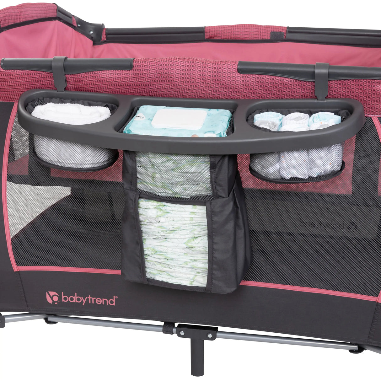 Baby Trend Lil’ Snooze Deluxe III Nursery Center Playard for Twins includes deluxe parent organizer for diapers and wipes