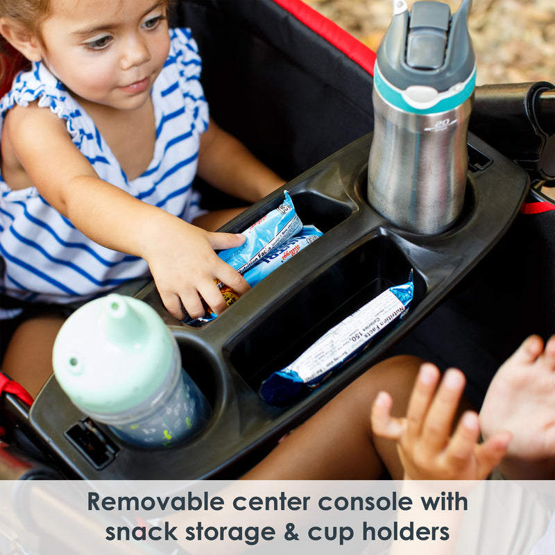 Baby Trend Tour 2-in-1 Stroller Wagon has removable center console with snack storage and cup holders