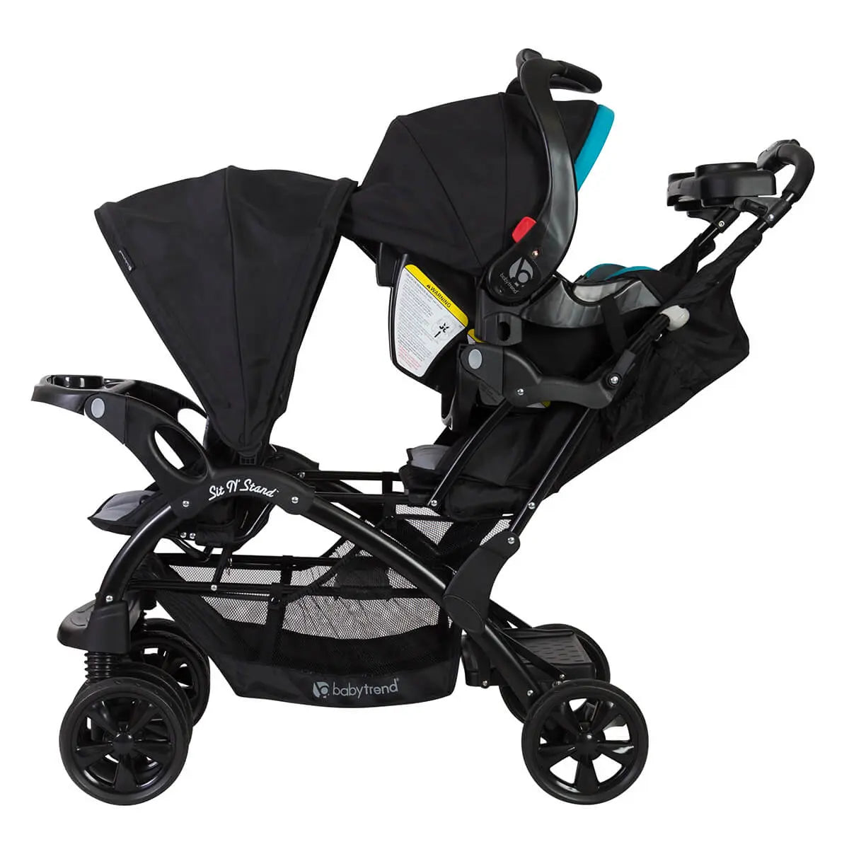 Baby Trend Sit N' Stand Double Stroller with front seat child sitting and rear seat with an infant car seat