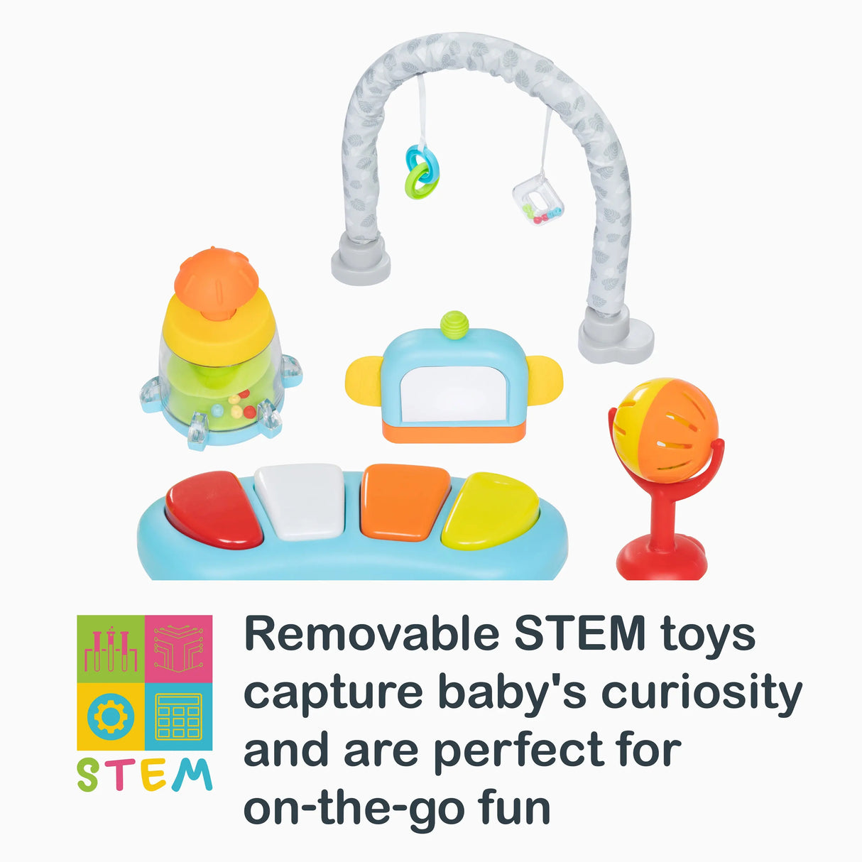Smart Steps Bounce N’ Play 3-in-1 Activity Center removable STEM toys capture baby's curiosity and are perfect for on-the-go-fun