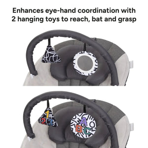 Baby Trend Trend EZ Bouncer enhances eye hand coordination with 2 hanging toys