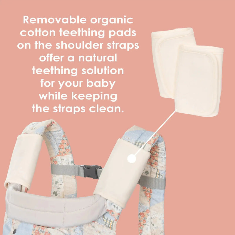 Removable organic cotton teething pads on the shoulder straps offer a natural teething solution for your baby while keeping the straps clean
