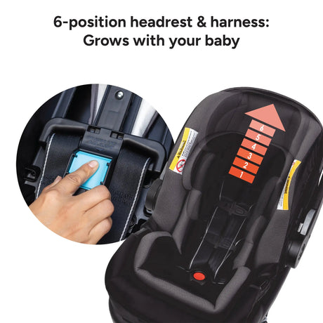 Child car seat with 6-position headrest and harness system, from the Baby Trend Secure-Lift Infant Car Seat 