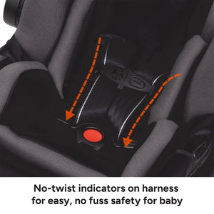 Close-up of a car seat harness with no-twist indicators from the Baby Trend Secure-Lift Infant Car Seat 