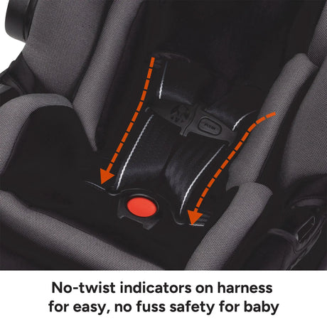 Close-up of a car seat harness with no-twist indicators from the Baby Trend Secure-Lift Infant Car Seat 