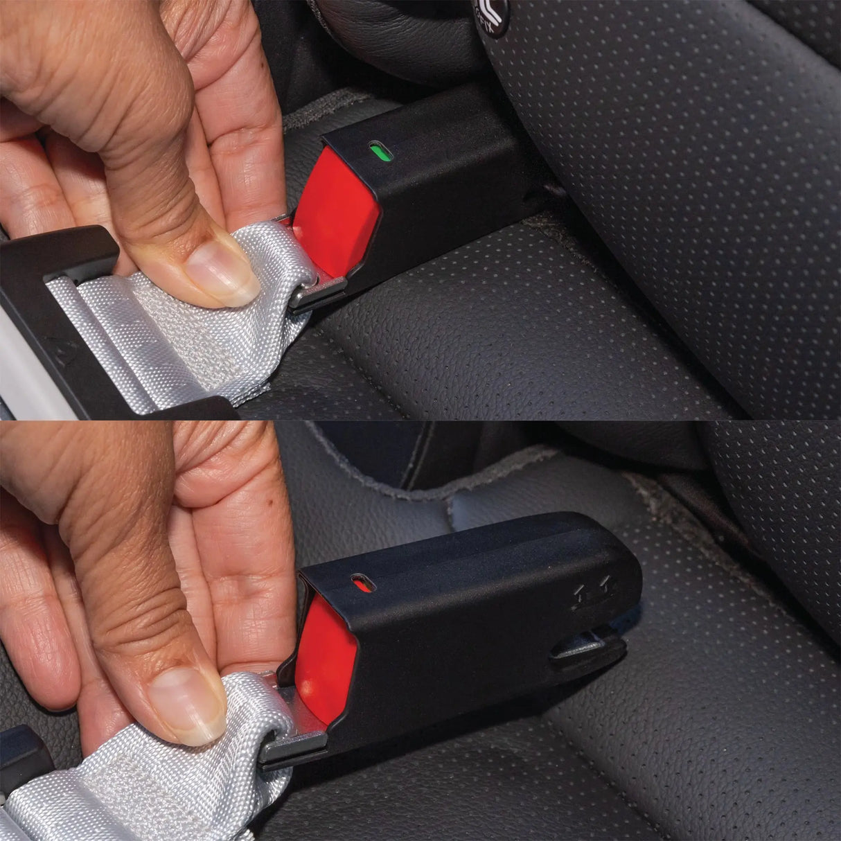 Close-up of a hand fastening a Baby Trend Secure-Lift Infant Car Seat 