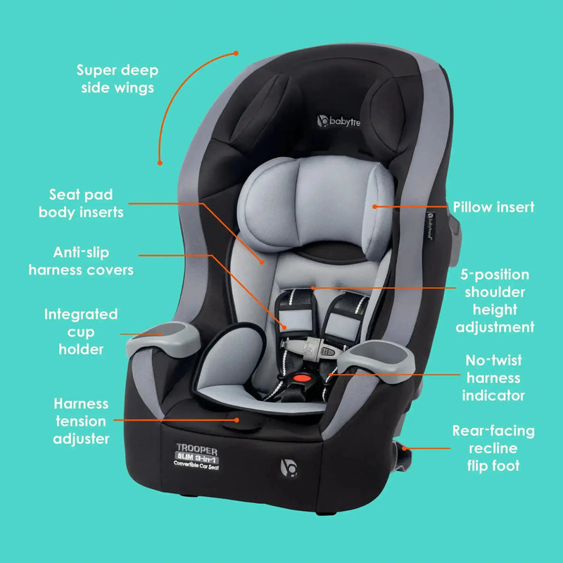 Baby Trend Trooper SLIM 3-in-1 Convertible Car Seat feature call out