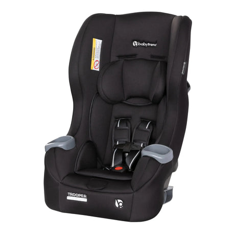 A black Baby Trend Trooper 3-in-1 Convertible Car Seat designed for children, featuring an integrated cup holder and adjustable buckles.